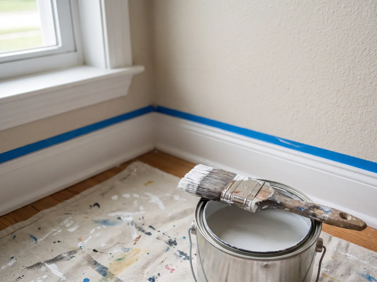 Blue painter's tape along white baseboard with a brush resting on a paint can and a drop cloth on the floor