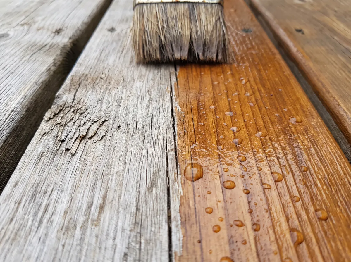 Close-up of a deck board half weathered grey and half freshly stained, with water beading on the stained side