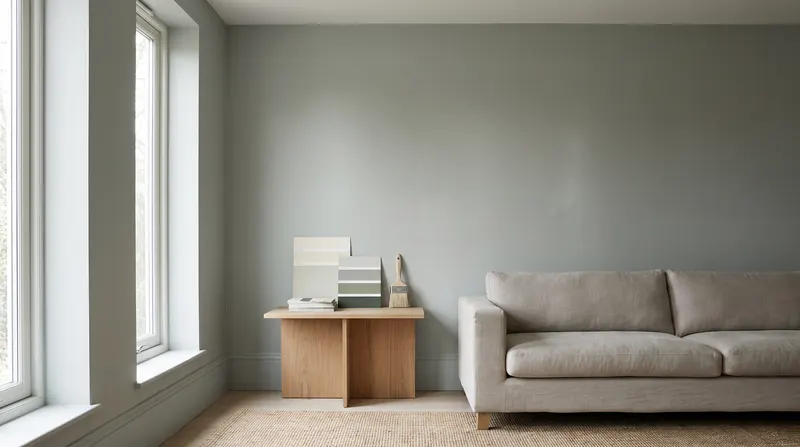 Bright living room with a muted sage-grey painted wall, colour swatches and a brush on a side table